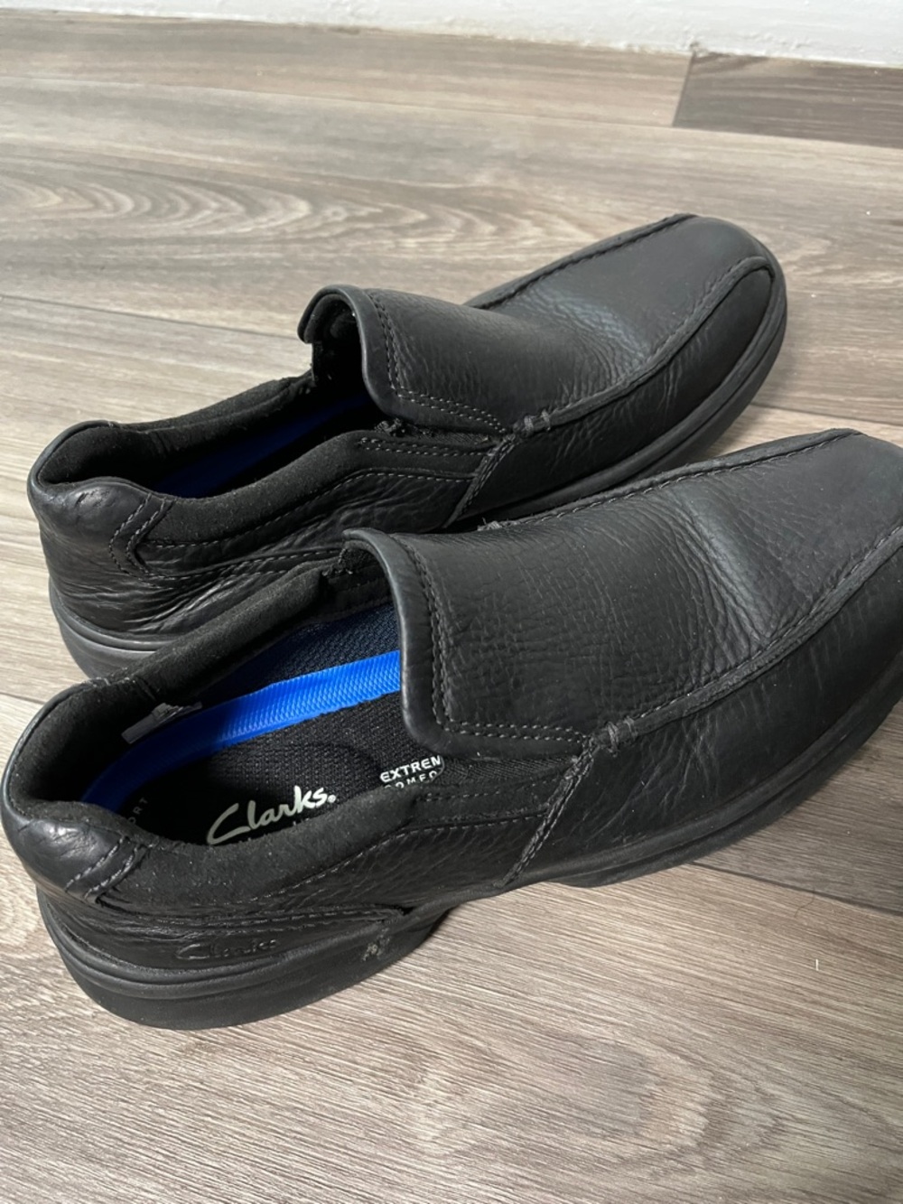 Clarks Men’s Black Leather Slip-On Loafers with Blue Insole Accent